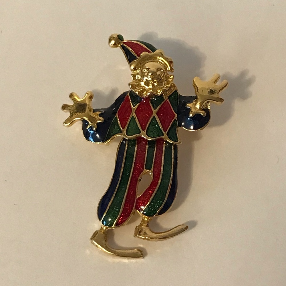 Gold Tone And Enamel Colorful Clown Brooch